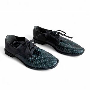 PAPUCEI Black Lace-Up Dress Oxfords with Teal Scale Detail